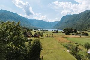 vistas a un valle con montañas y un lago en Apartmaji Triglav, en Bohinj