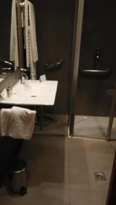 
a bathroom with a sink, mirror and a towel rack at Sercotel Jauregui in Hondarribia
