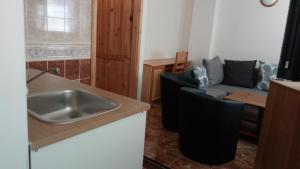 eine Küche mit einem Waschbecken und ein Wohnzimmer mit einem Sofa in der Unterkunft Kavárna Lucie s ubytováním in Horní Těrlicko