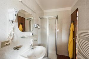 a bathroom with a sink and a shower at Hotel Union in Dobbiaco