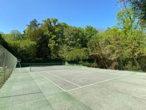 un court de tennis avec des arbres en arrière-plan dans l'établissement Manoir des Cavaliers - BnB, à Chantilly