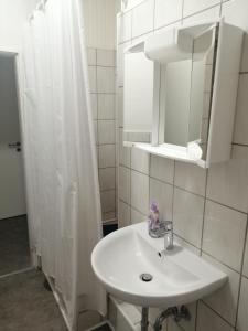 ein Badezimmer mit Waschbecken, Spiegel und Dusche in der Unterkunft Kölsche Wohnung 2C in Köln + 9 Fotos