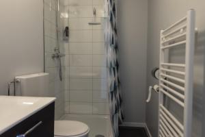 a white bathroom with a toilet and a shower at Hermes Appartementen in Berg en Terblijt +38 photos