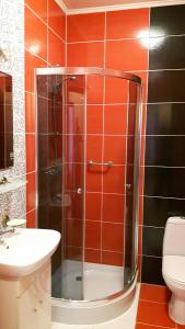 La salle de bains est pourvue d'une douche, d'un lavabo et de toilettes. dans l'établissement Hotel TWIERDZA, à Rzeszów