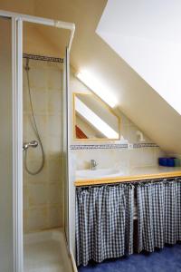 La salle de bains est pourvue d'une douche, d'un lavabo et d'un miroir. dans l'établissement Le Poujastou, à Juzet-de-Luchon