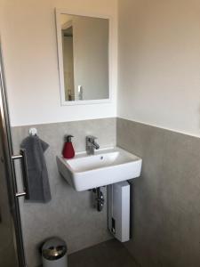 a bathroom with a white sink and a mirror at Maggies-Apartment-Hannover in Hannover