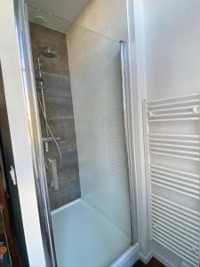 a shower with a glass door in a bathroom at Lysbed - Chevreul in Angers
