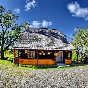 a small house with a roof on top of it at Complex Tradițional Casa din Vale Breb in Breb