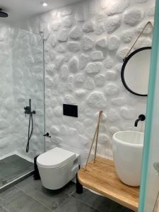 a bathroom with a shower and a sink and a toilet at Villa Christine in Agia Anna Naxos
