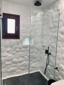 a shower with a glass door in a bathroom at Villa Christine in Agia Anna Naxos