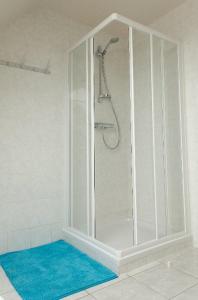 a shower with a glass enclosure in a bathroom at De Wilgoren in Kasterlee