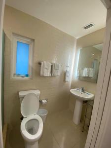 ein Bad mit einem WC, einem Waschbecken und einem Fenster in der Unterkunft Captiva Beach Resort (open private beach access) in Sarasota