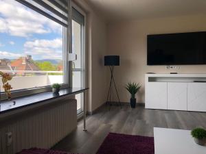 ein Wohnzimmer mit einem TV und einem großen Fenster in der Unterkunft Ferienwohnung Aueblick Kassel in Kassel