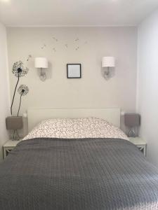 ein Schlafzimmer mit einem Bett mit zwei Lampen an der Wand in der Unterkunft Petite maison au calme avec jardin clim et parking in Toulon