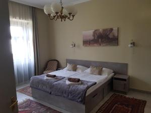 1 dormitorio con cama y lámpara de araña en Kétbodonyi Apartments, en Kétbodony
