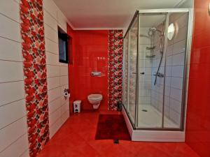 a red bathroom with a shower and a toilet at Къща Наковски in Gabrovo +18 photos