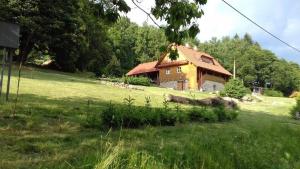 une vieille maison sur un champ herbeux devant une maison dans l'établissement Chata u lesa, à Výprachtice