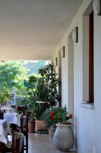 um restaurante com mesas e vasos de plantas num pátio em La Locanda di Valbella em Asti