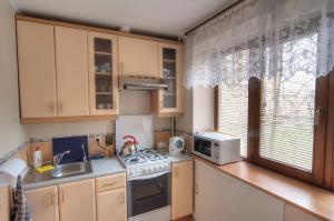 a small kitchen with a stove and a microwave at Квартира по улице Большая Васильковская, 129 in Kyiv