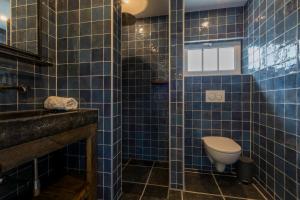 a blue tiled bathroom with a toilet and a sink at Welcome in - Vakantiewoning met grote tuin en green egg I Lepelstraat 18c Vrouwenpolder in Vrouwenpolder +85 photos