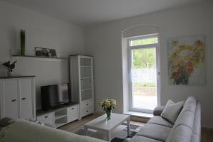 a living room with a couch and a tv and a window at NoOaks in Meißen