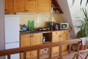 una pequeña cocina con armarios de madera y fregadero en Männi Peremaja en Haapsalu