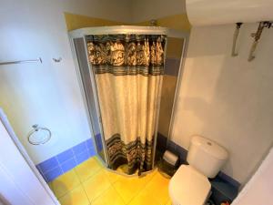 a shower with a curtain in a bathroom with a toilet at K8-5 Apartments in Nida