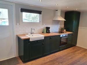 a kitchen with green cabinets and a sink at Bysmedjan in Hässleholm