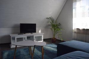 uma sala de estar com uma televisão e uma mesa em Ferienwohnung Knaack em Büdelsdorf