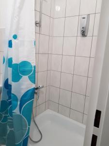 baño con ducha con cortina azul en Wohnung in Köln 1B en Colonia