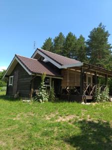 a house with a roof on a grass field at Šeimos namelis - Mindūnų sodyba in Mindūnai