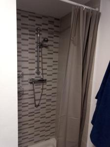 La salle de bains est pourvue d'une douche avec rideau de douche. dans l'établissement Casa la Cabra, à Moclín