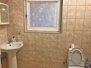 baño con lavabo y aseo y ventana en Совиньон. Коттедж. Первая линия. en Odesa
