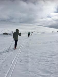 two people are cross country skiing in the snow at Grotli Høyfjellshotell in Grotli