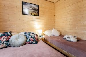 a dog laying on a bed in a room at Domki Dobra Miejscówka 50 m od jeziora Solińskiego Sauna Jacuzzi 504-978-418 in Polańczyk
