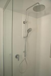 ducha con cabezal de ducha y puerta de cristal en Mala Retreat, Shiraz Suite 5 Star Immaculate and Comfortable, en East Maitland