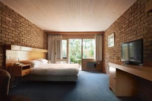 1 dormitorio con 1 cama, TV y pared de ladrillo en Flinders Cove Motel, en Flinders