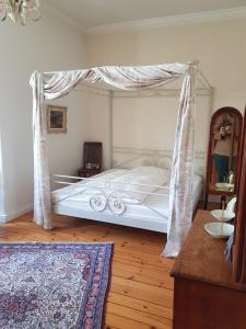 ein Schlafzimmer mit einem weißen Bett mit Baldachin in der Unterkunft Villa Weigert in Birkenwerder