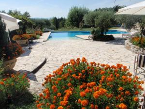 a swimming pool with a bunch of flowers in a yard at Gîte Anaïs in La Verdière