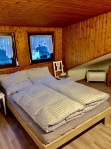 een slaapkamer met een bed in een kamer met houten wanden bij Ferienwohnung Boller II in Marktredwitz