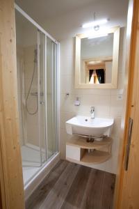 a bathroom with a sink and a shower and a mirror at Statek U Rajmunda in Velké Karlovice