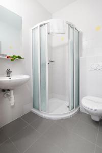 uma casa de banho com um chuveiro, um WC e um lavatório. em Hotel Panska Licha em Brno