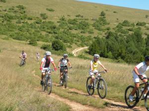 a group of people riding bikes down a hill at Agriturismo Calamello in Pergola