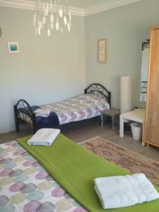 a room with two beds and a green rug at The Little B&B on the Hill in Wadi Musa