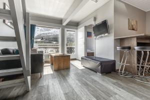 a living room with a couch and a television in a room at Hemsedal Cafe Skiers Lodge in Hemsedal