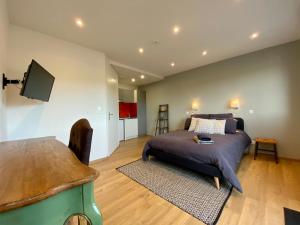 a bedroom with a bed and a table and a television at Ecole de pilotage ULM LOZERE in Mende