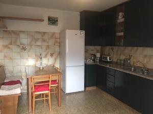 a kitchen with a table and a white refrigerator at Casa Montana 1600 in Sovramonte