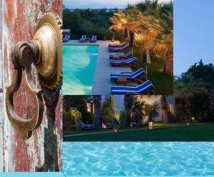 a collage of photos of a pool with blue lounge chairs at Mangio Fango Hotel et Spa in Saintes-Maries-de-la-Mer