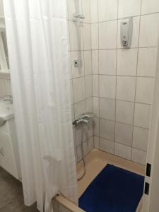a bathroom with a shower with a blue rug at Wohnung in Köln 2B in Cologne