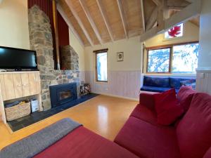a living room with a couch and a fireplace at Snowdragon in Dinner Plain